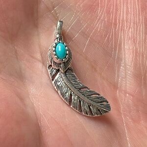 Faux Turquoise Silver Tone Feather Necklace Pendant